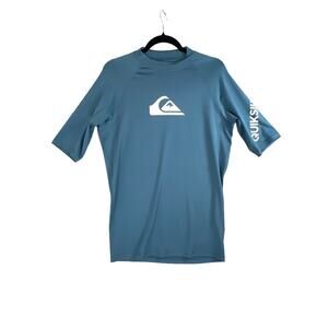 Quicksilver Top MENS Large light Blue Screen Print Surfing Shirt Short Sleeve